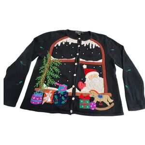 Hampshire Studio Women Snow Cardigan Sweater Christmas Window‎ Scene Santa Large